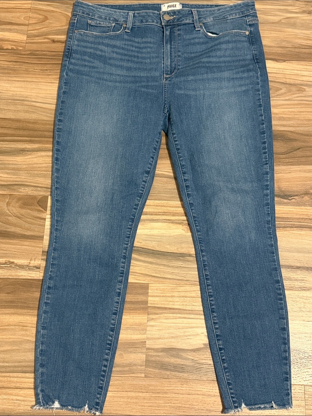 Paige Hoxton Skinny Ankle Jeans Medium Wash Women’s Sz 34 Raw Hem Stretch